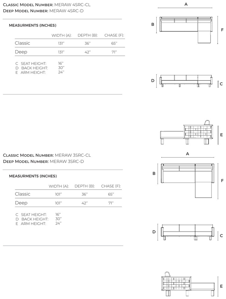 Luma Sofa with Right Chaise dimensions